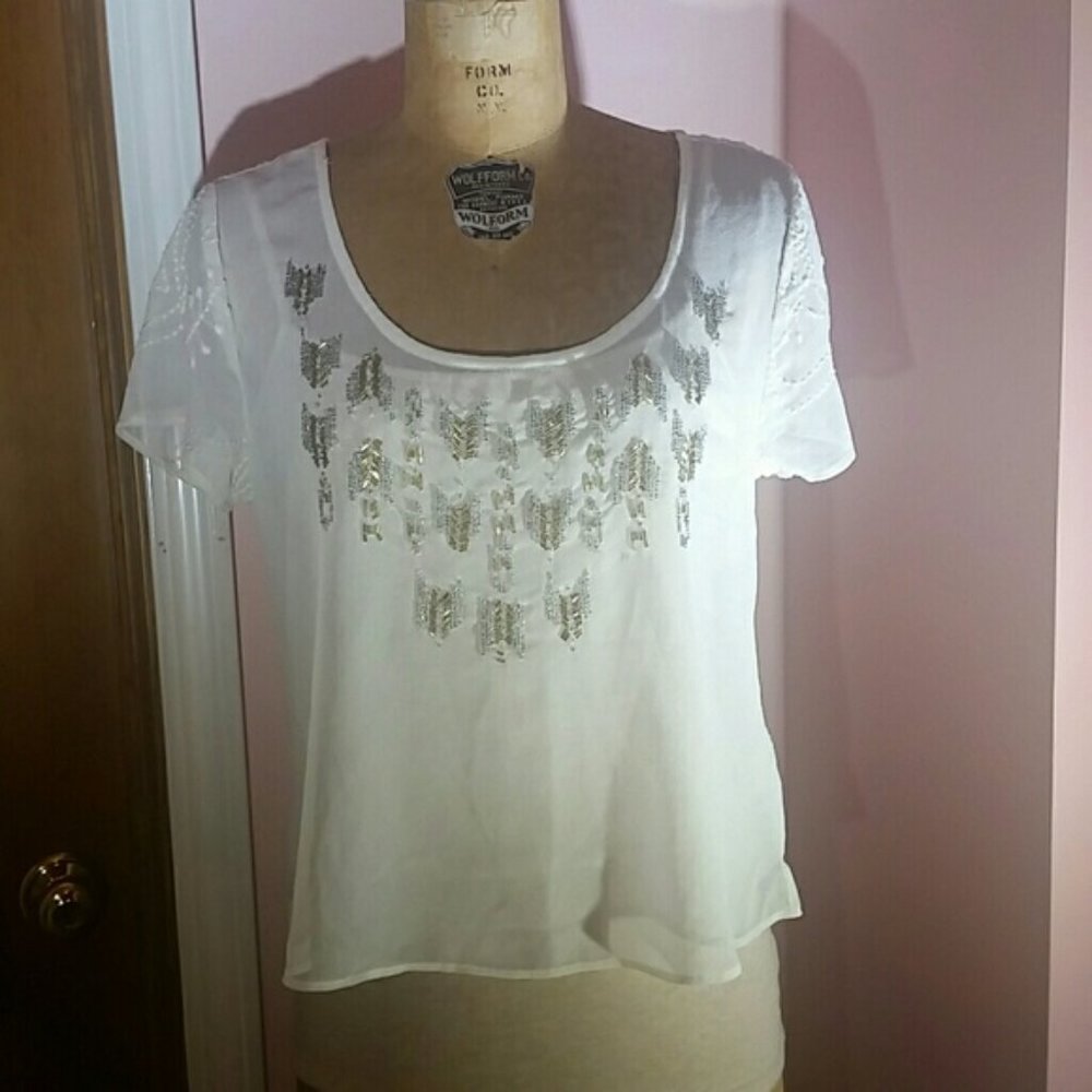 Aerie Sheer Beaded Ivory Top Embroidered Back Boho Medium